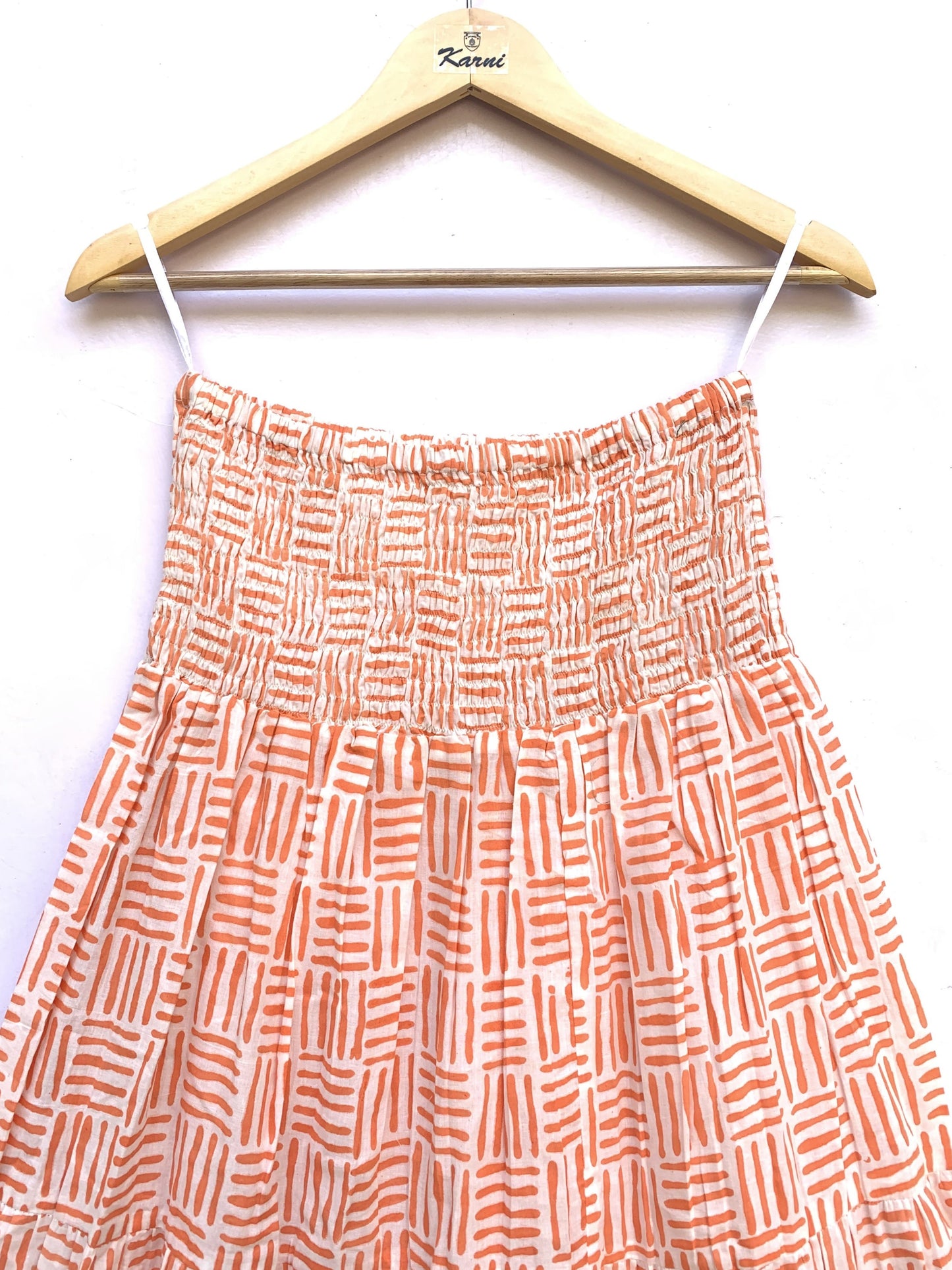 Peach Orange Geometric Hand Block Printed Cotton Skirt – Elastic Waist Boho Indian Skirt