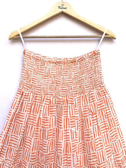 Peach Orange Geometric Hand Block Printed Cotton Skirt – Elastic Waist Boho Indian Skirt