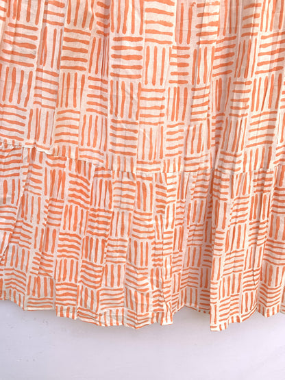 Peach Orange Geometric Hand Block Printed Cotton Skirt – Elastic Waist Boho Indian Skirt