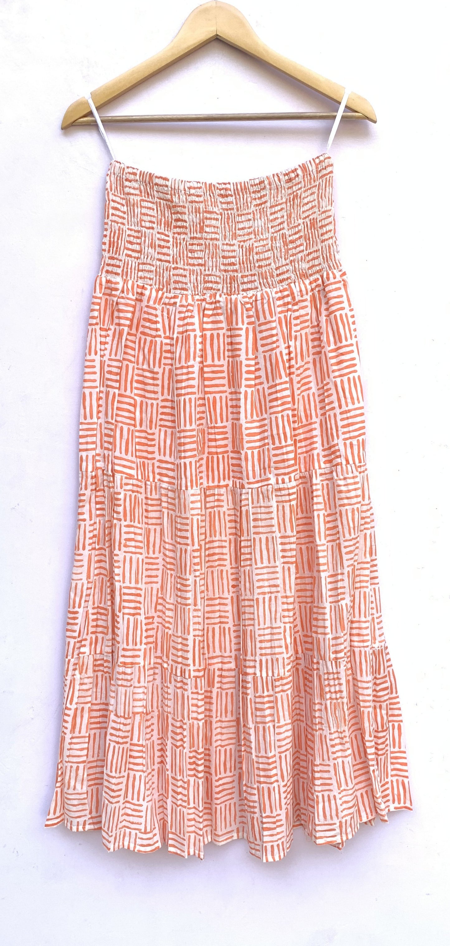 Peach Orange Geometric Hand Block Printed Cotton Skirt – Elastic Waist Boho Indian Skirt