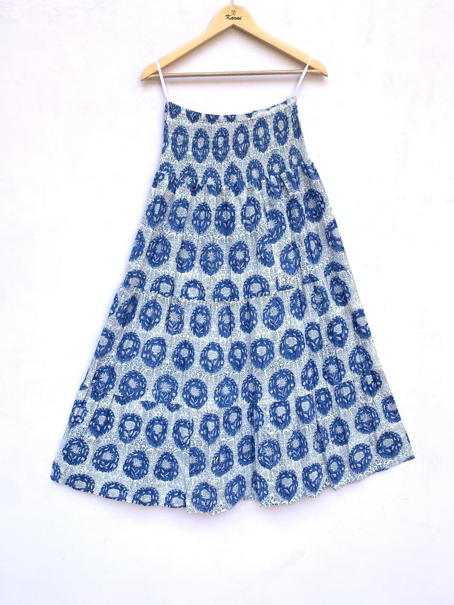 Blue White Floral Hand Block Printed Cotton Maxi Skirt – Elastic Waist Boho Indian Skirt