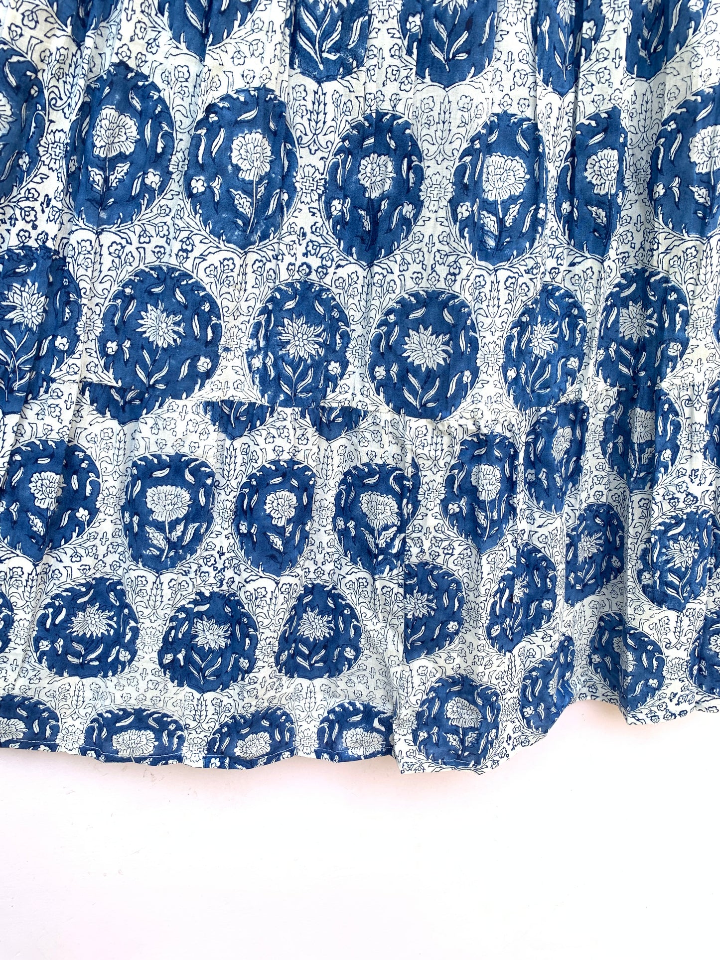 Blue White Floral Hand Block Printed Cotton Maxi Skirt – Elastic Waist Boho Indian Skirt