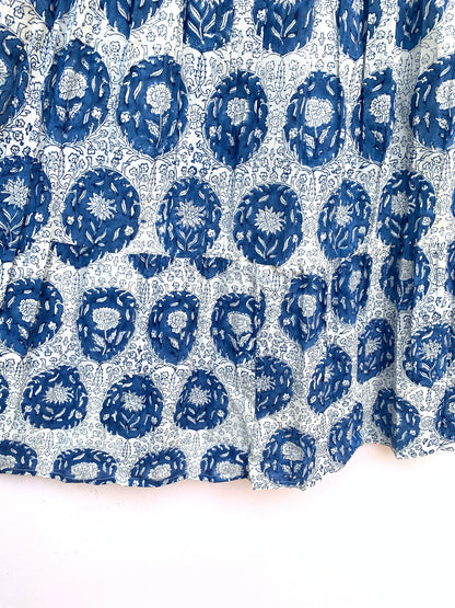 Blue White Floral Hand Block Printed Cotton Maxi Skirt – Elastic Waist Boho Indian Skirt