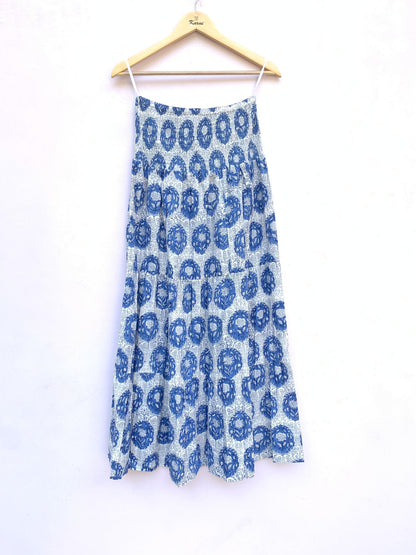 Blue White Floral Hand Block Printed Cotton Maxi Skirt – Elastic Waist Boho Indian Skirt
