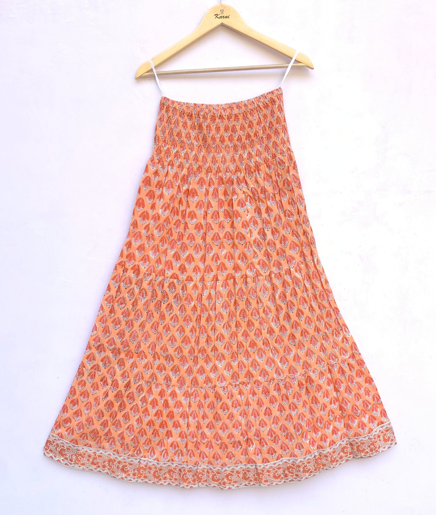Peach Orange Teardrop Hand Block Printed Cotton Maxi Skirt – Elastic Waist Boho Indian Skirt