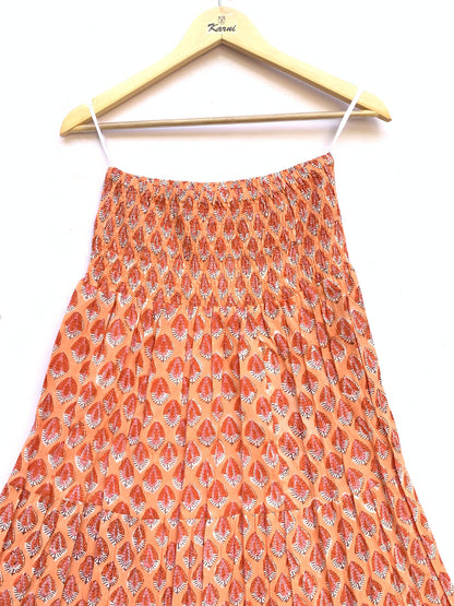 Peach Orange Teardrop Hand Block Printed Cotton Maxi Skirt – Elastic Waist Boho Indian Skirt