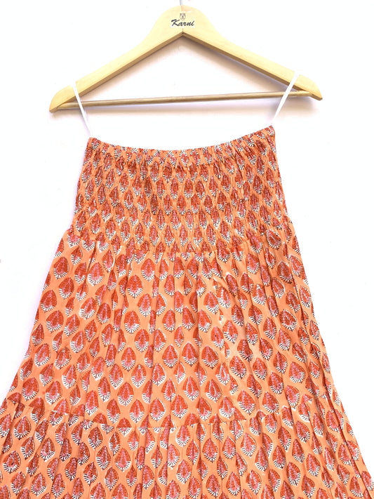 Peach Orange Teardrop Hand Block Printed Cotton Maxi Skirt – Elastic Waist Boho Indian Skirt