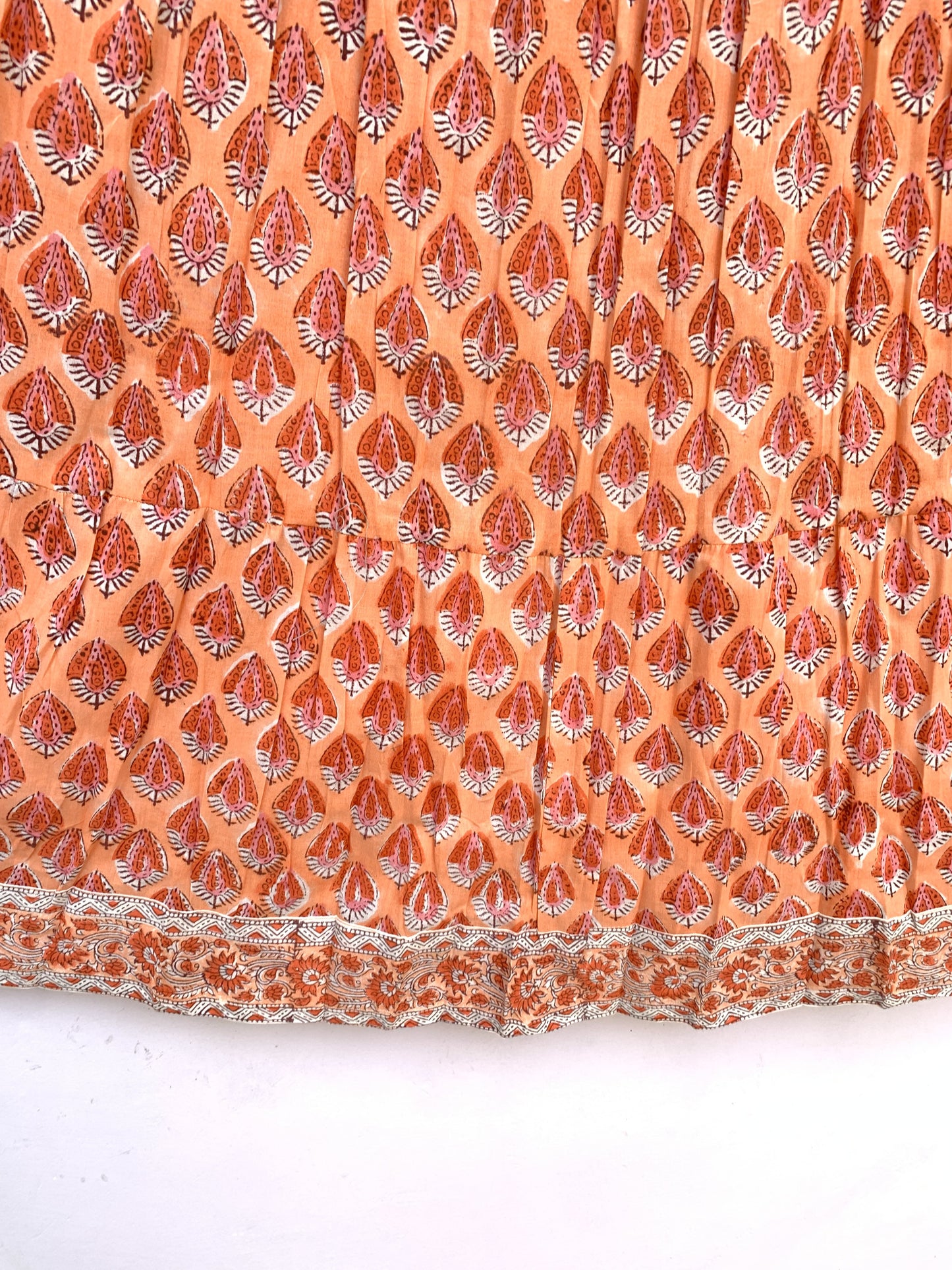 Peach Orange Teardrop Hand Block Printed Cotton Maxi Skirt – Elastic Waist Boho Indian Skirt
