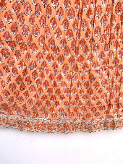 Peach Orange Teardrop Hand Block Printed Cotton Maxi Skirt – Elastic Waist Boho Indian Skirt