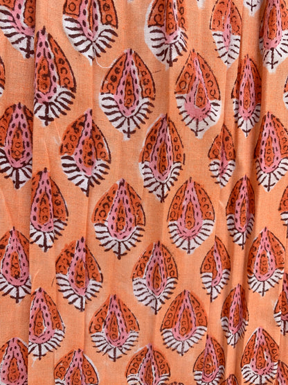Peach Orange Teardrop Hand Block Printed Cotton Maxi Skirt – Elastic Waist Boho Indian Skirt