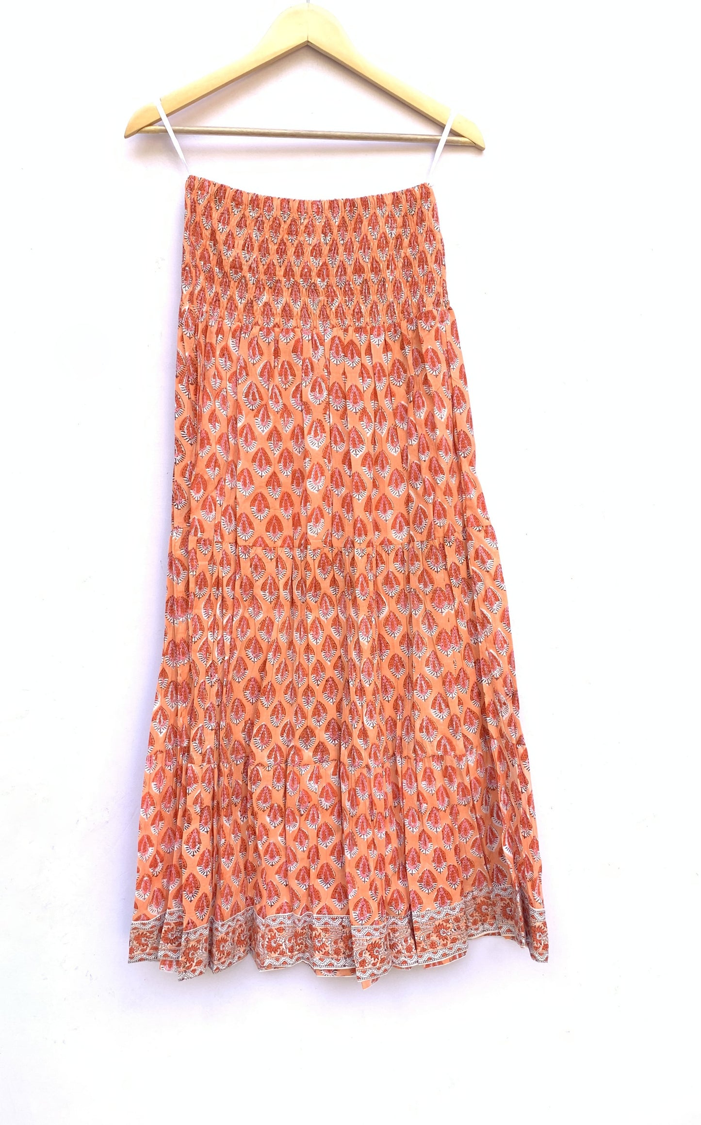 Peach Orange Teardrop Hand Block Printed Cotton Maxi Skirt – Elastic Waist Boho Indian Skirt
