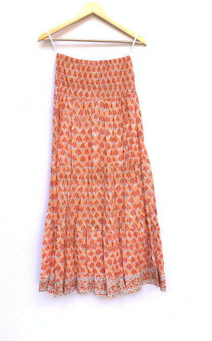Peach Orange Teardrop Hand Block Printed Cotton Maxi Skirt – Elastic Waist Boho Indian Skirt