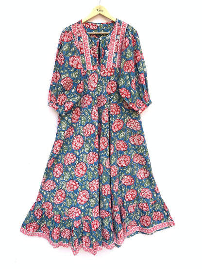 Teal Blue Pink Floral Hand Block Printed Cotton Midi Dress – Puff Sleeve Boho Indian Dress