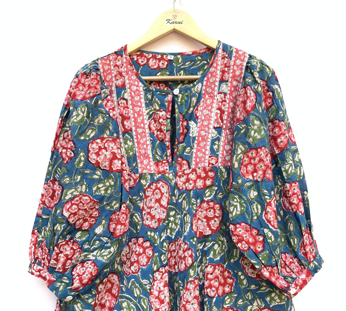 Teal Blue Pink Floral Hand Block Printed Cotton Midi Dress – Puff Sleeve Boho Indian Dress