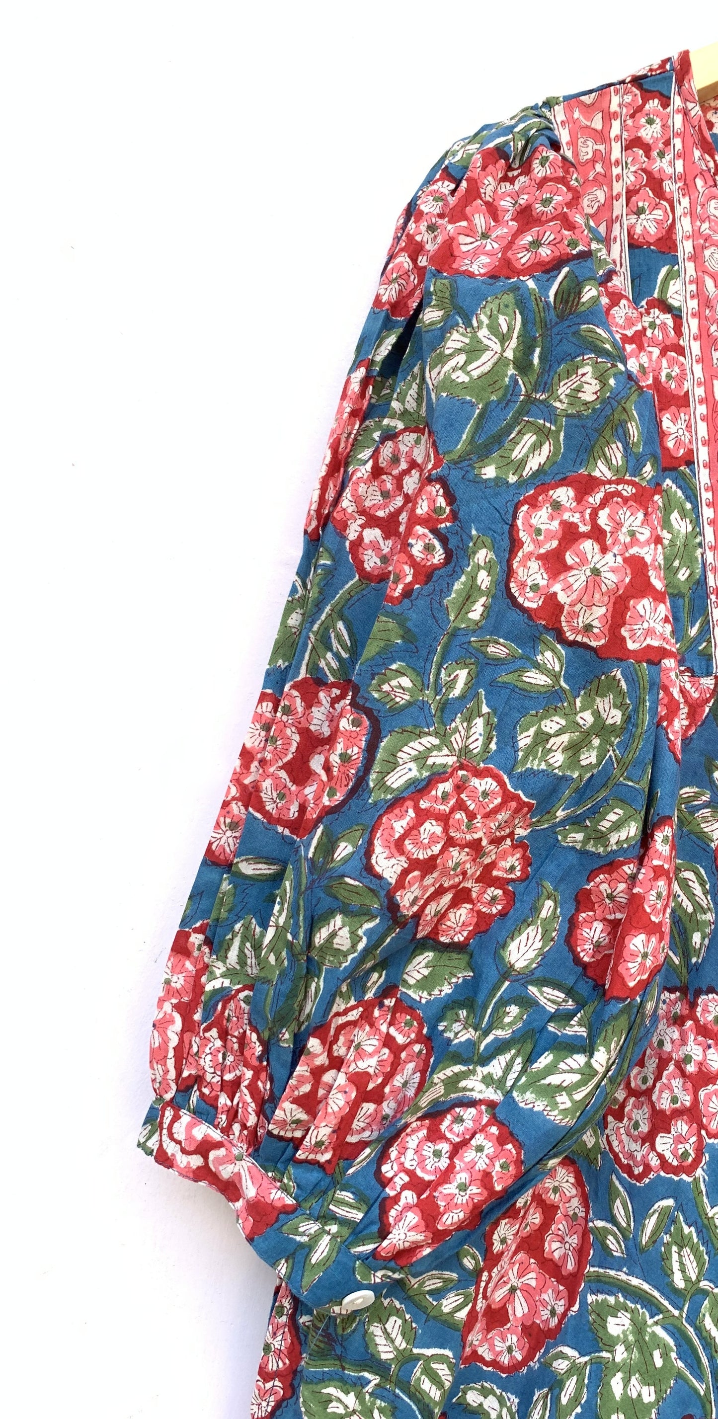 Teal Blue Pink Floral Hand Block Printed Cotton Midi Dress – Puff Sleeve Boho Indian Dress