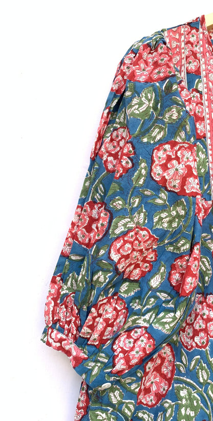 Teal Blue Pink Floral Hand Block Printed Cotton Midi Dress – Puff Sleeve Boho Indian Dress