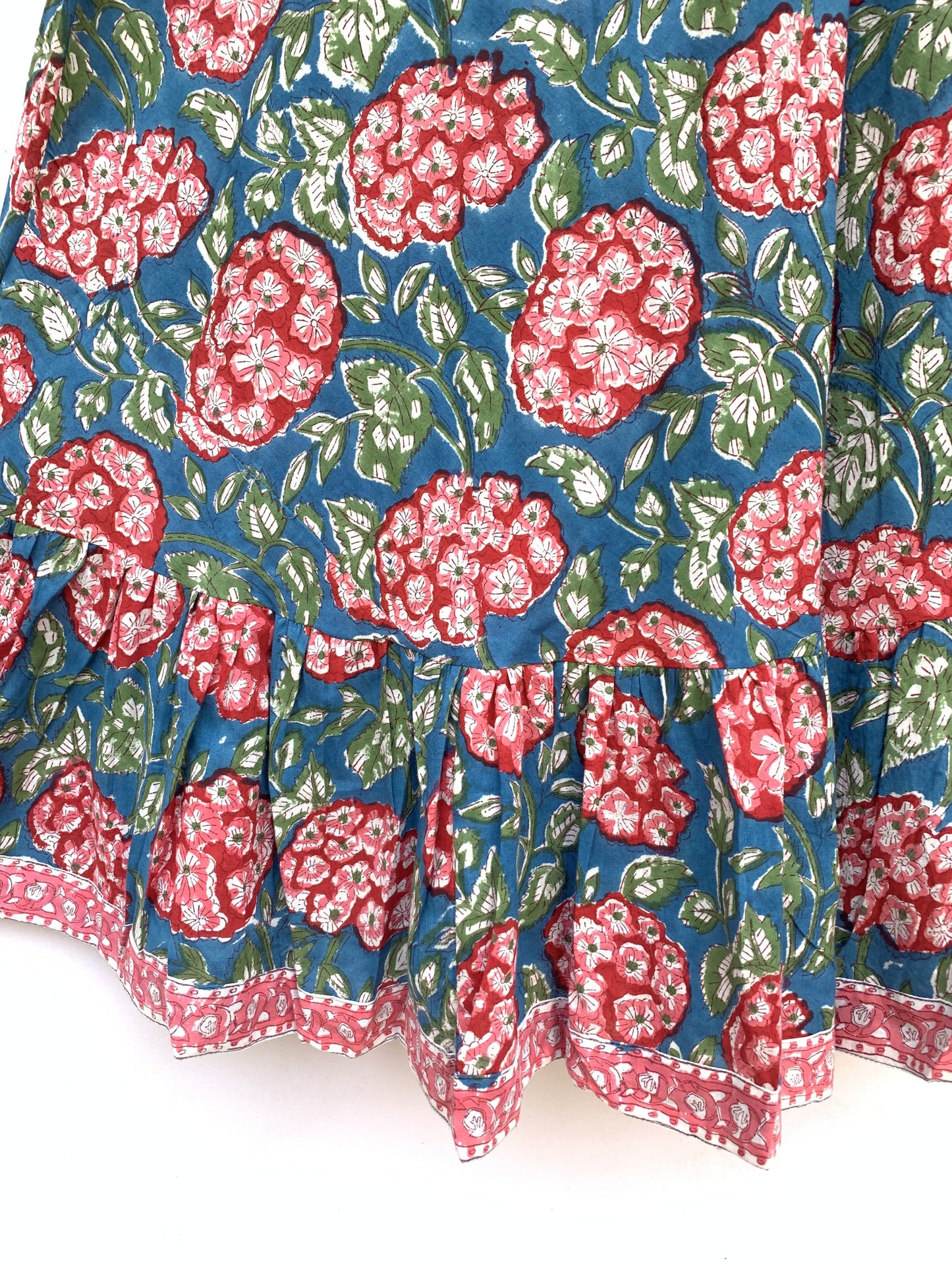 Teal Blue Pink Floral Hand Block Printed Cotton Midi Dress – Puff Sleeve Boho Indian Dress