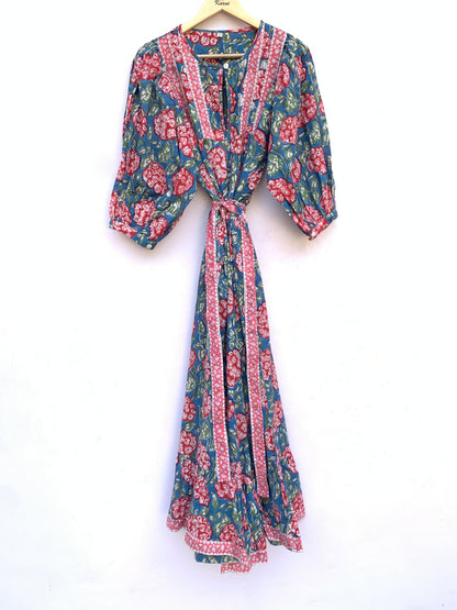 Teal Blue Pink Floral Hand Block Printed Cotton Midi Dress – Puff Sleeve Boho Indian Dress