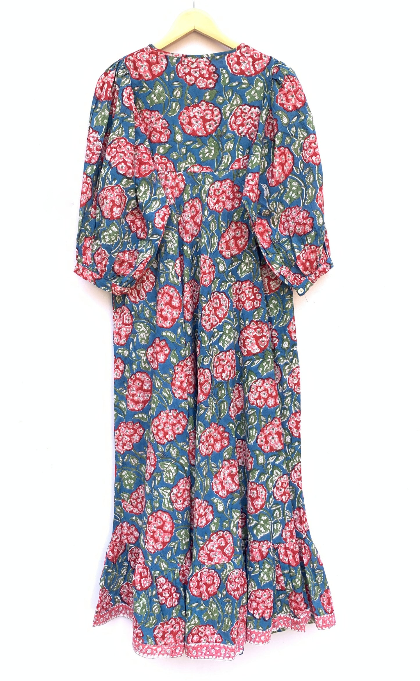 Teal Blue Pink Floral Hand Block Printed Cotton Midi Dress – Puff Sleeve Boho Indian Dress