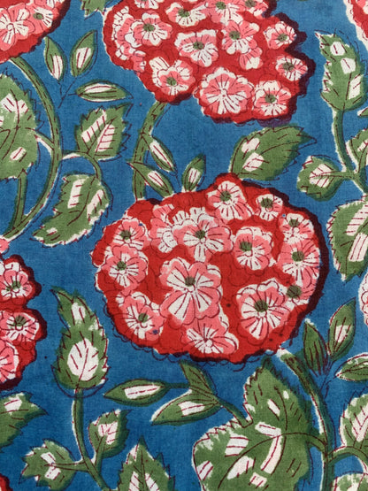 Teal Blue Pink Floral Hand Block Printed Cotton Midi Dress – Puff Sleeve Boho Indian Dress