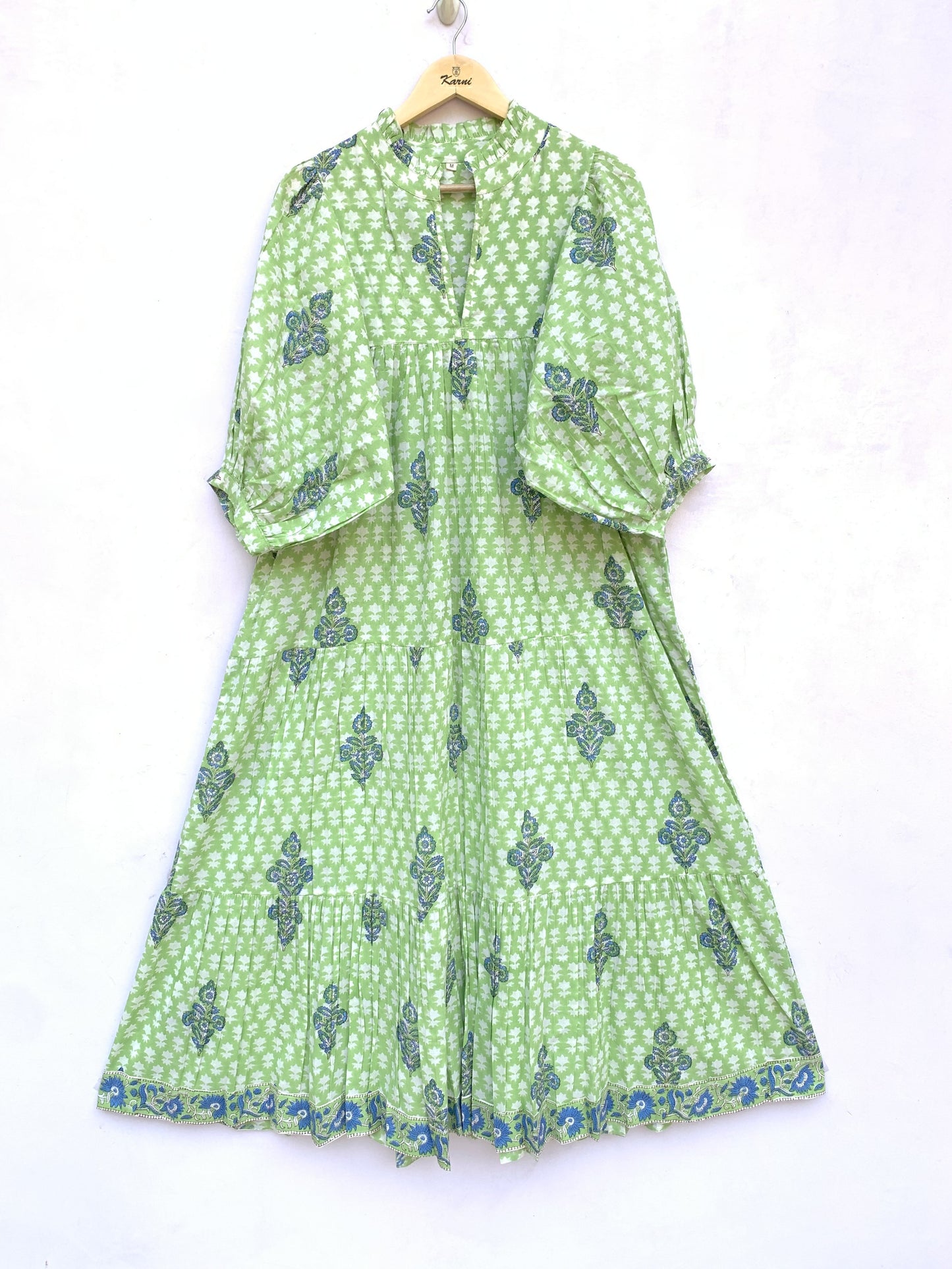 Light Green Floral Hand Block Printed Cotton Midi Dress – Indian Boho Dress