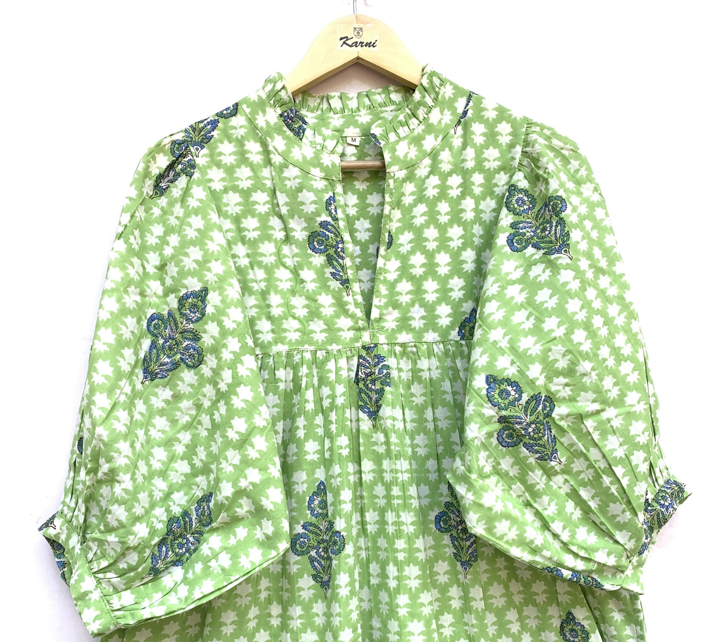 Light Green Floral Hand Block Printed Cotton Midi Dress – Indian Boho Dress