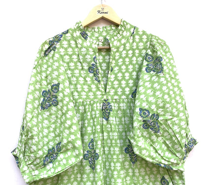 Light Green Floral Hand Block Printed Cotton Midi Dress – Indian Boho Dress