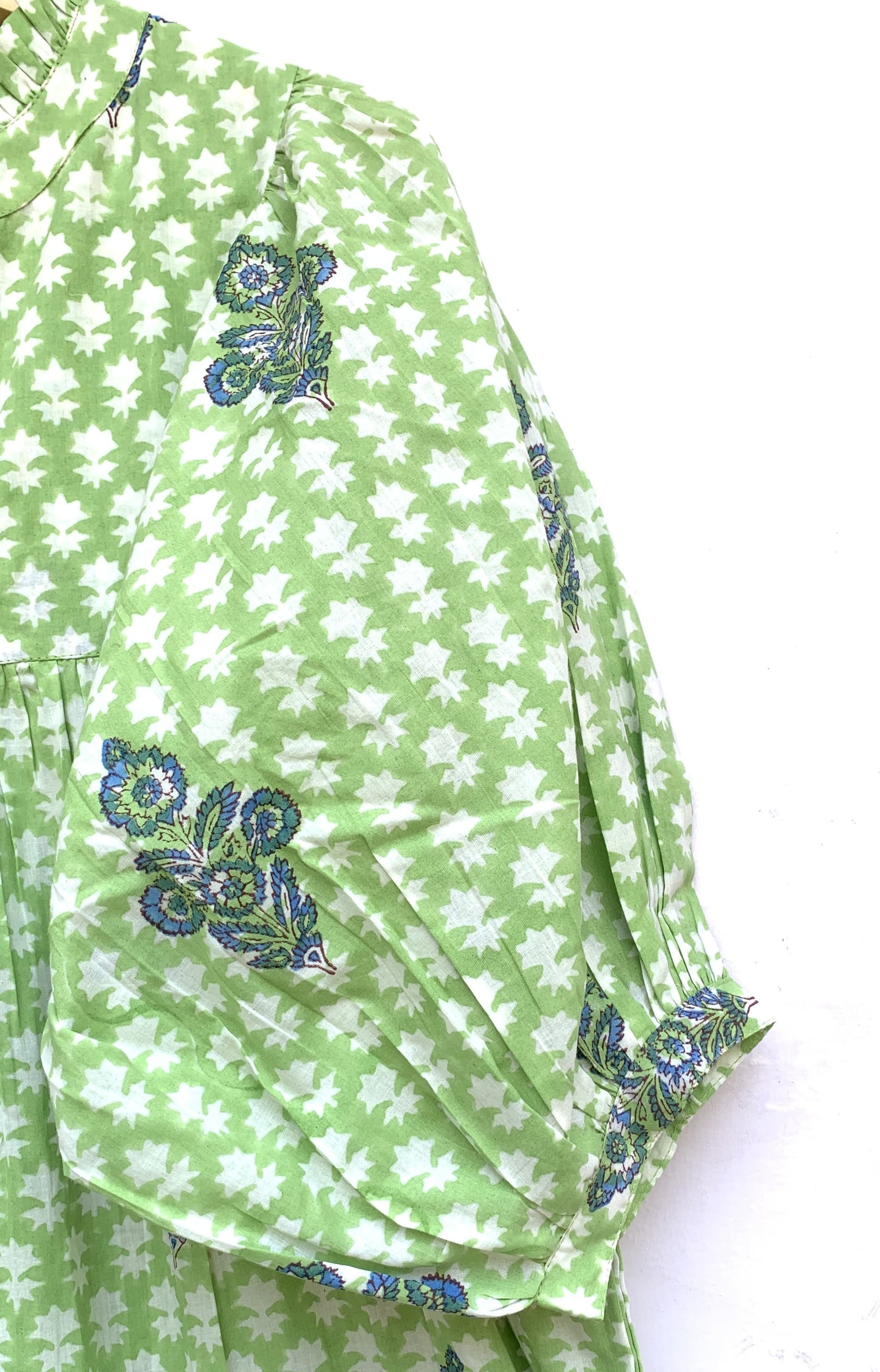 Light Green Floral Hand Block Printed Cotton Midi Dress – Indian Boho Dress