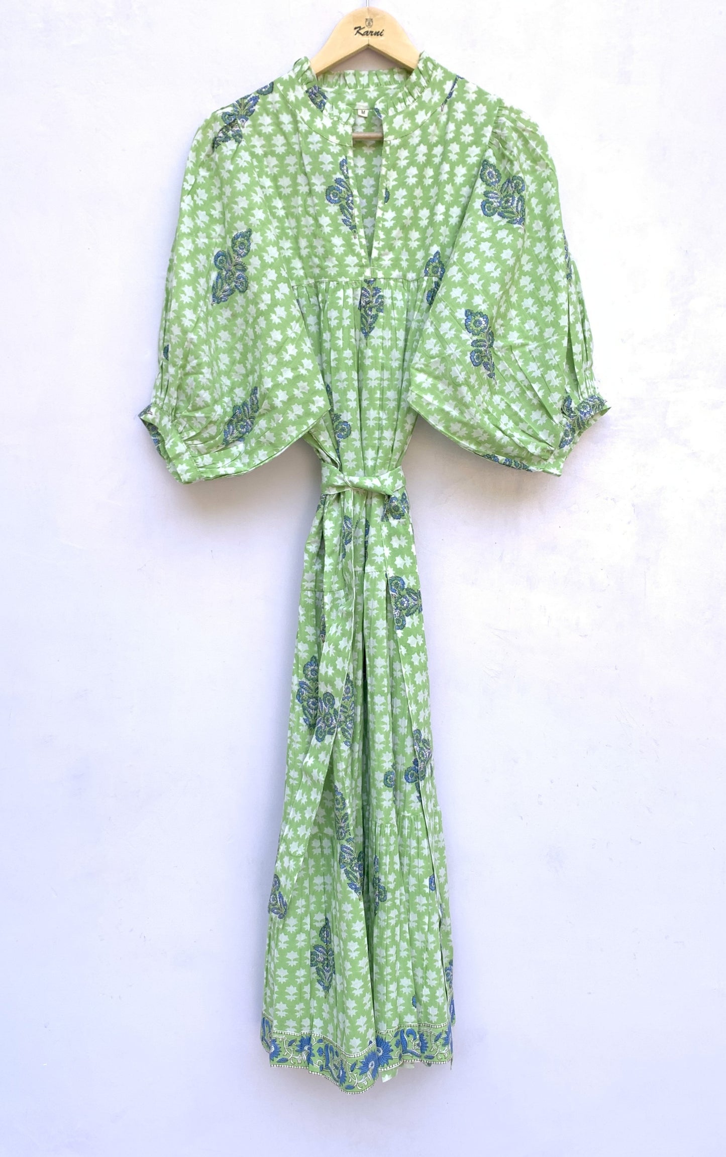 Light Green Floral Hand Block Printed Cotton Midi Dress – Indian Boho Dress