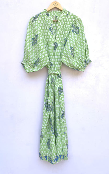 Light Green Floral Hand Block Printed Cotton Midi Dress – Indian Boho Dress