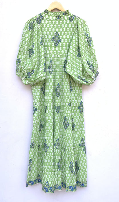 Light Green Floral Hand Block Printed Cotton Midi Dress – Indian Boho Dress