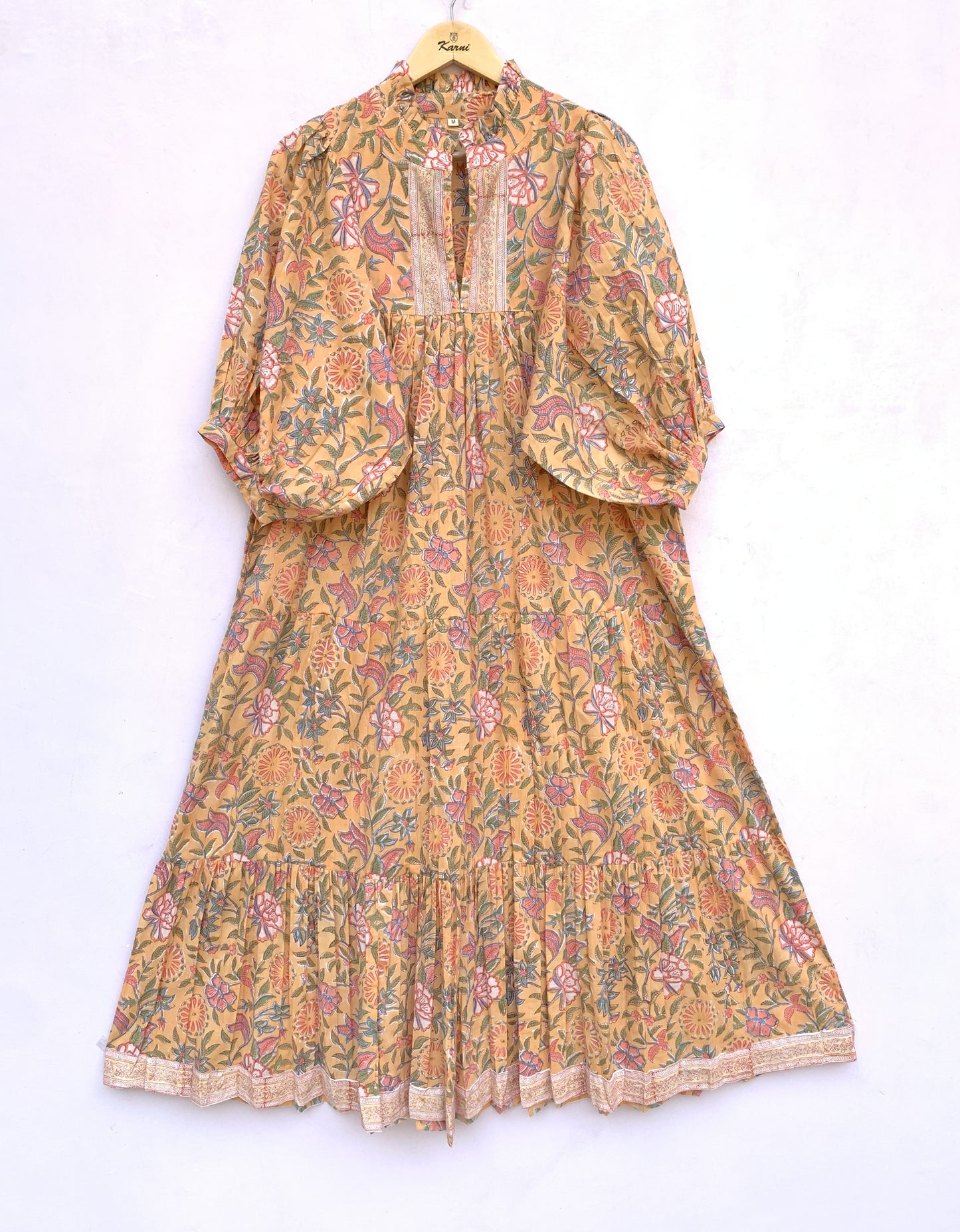 Mustard Yellow Floral Hand Block Printed Cotton Midi Dress – Puff Sleeve Boho Indian Dress