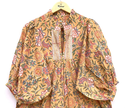 Mustard Yellow Floral Hand Block Printed Cotton Midi Dress – Puff Sleeve Boho Indian Dress