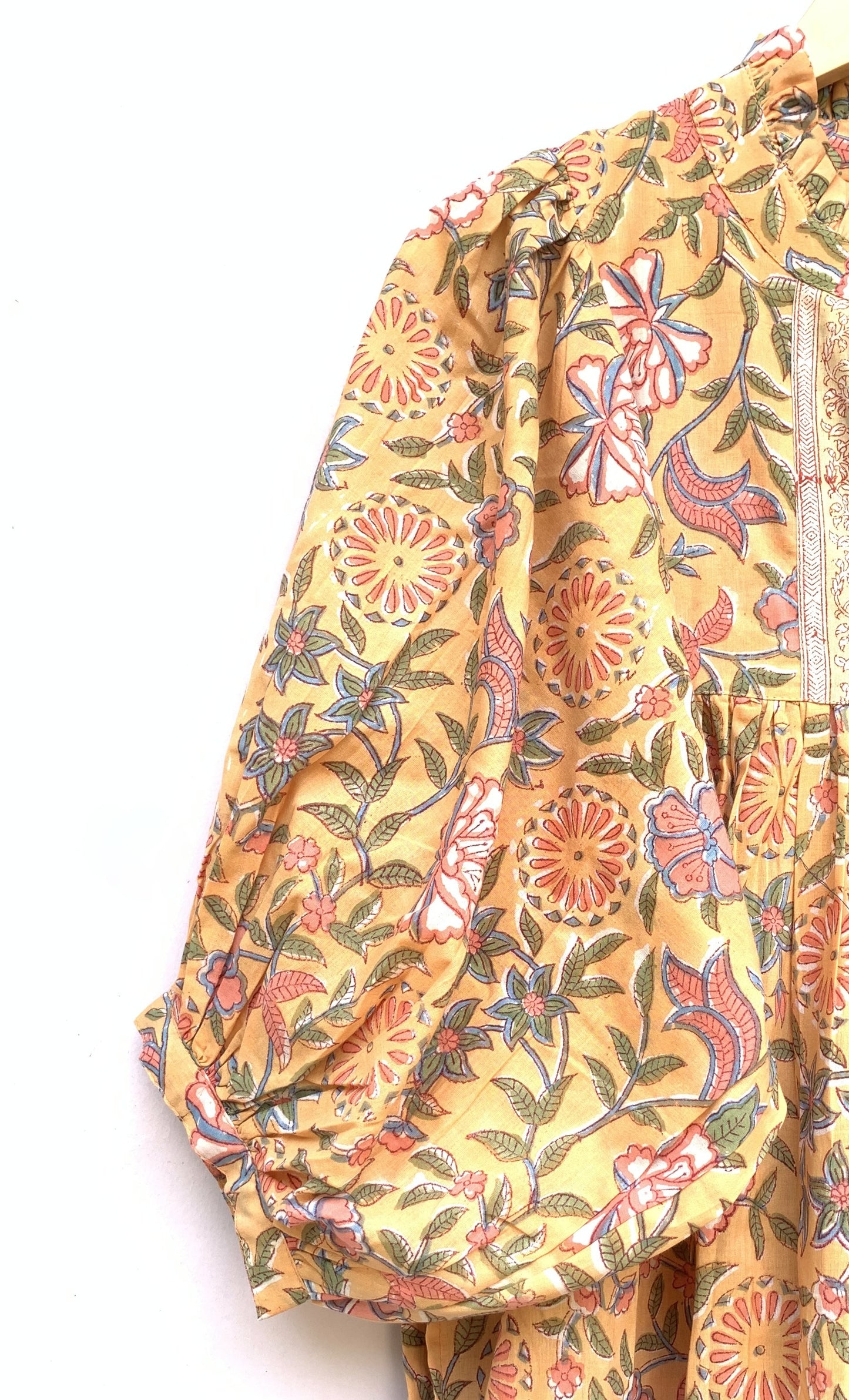 Mustard Yellow Floral Hand Block Printed Cotton Midi Dress – Puff Sleeve Boho Indian Dress