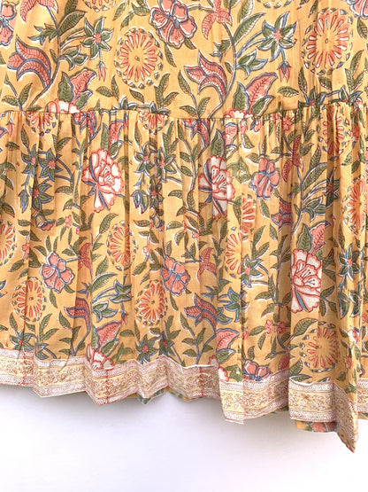 Mustard Yellow Floral Hand Block Printed Cotton Midi Dress – Puff Sleeve Boho Indian Dress