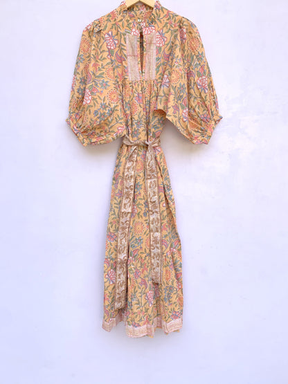 Mustard Yellow Floral Hand Block Printed Cotton Midi Dress – Puff Sleeve Boho Indian Dress