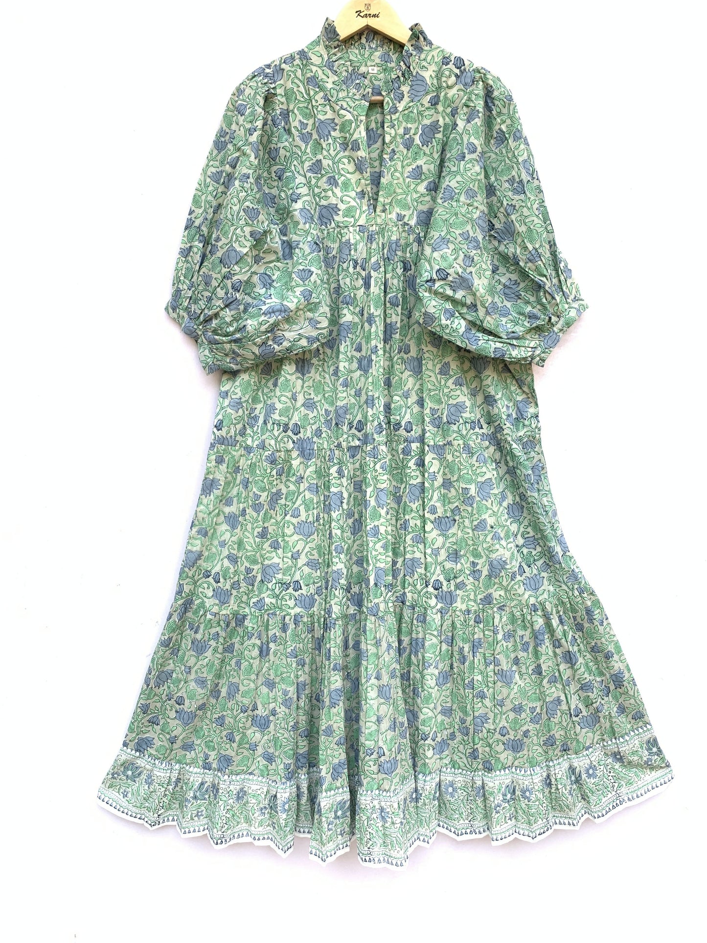 Sage Green Blue Floral Hand Block Printed Cotton Midi Dress – Puff Sleeve Boho Indian Dress