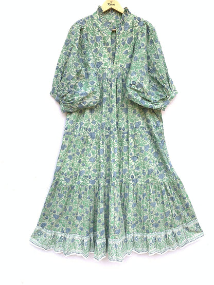 Sage Green Blue Floral Hand Block Printed Cotton Midi Dress – Puff Sleeve Boho Indian Dress