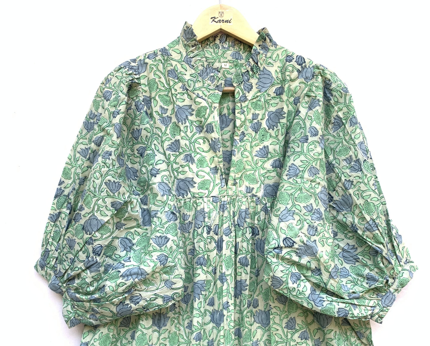 Sage Green Blue Floral Hand Block Printed Cotton Midi Dress – Puff Sleeve Boho Indian Dress