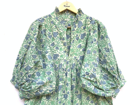 Sage Green Blue Floral Hand Block Printed Cotton Midi Dress – Puff Sleeve Boho Indian Dress