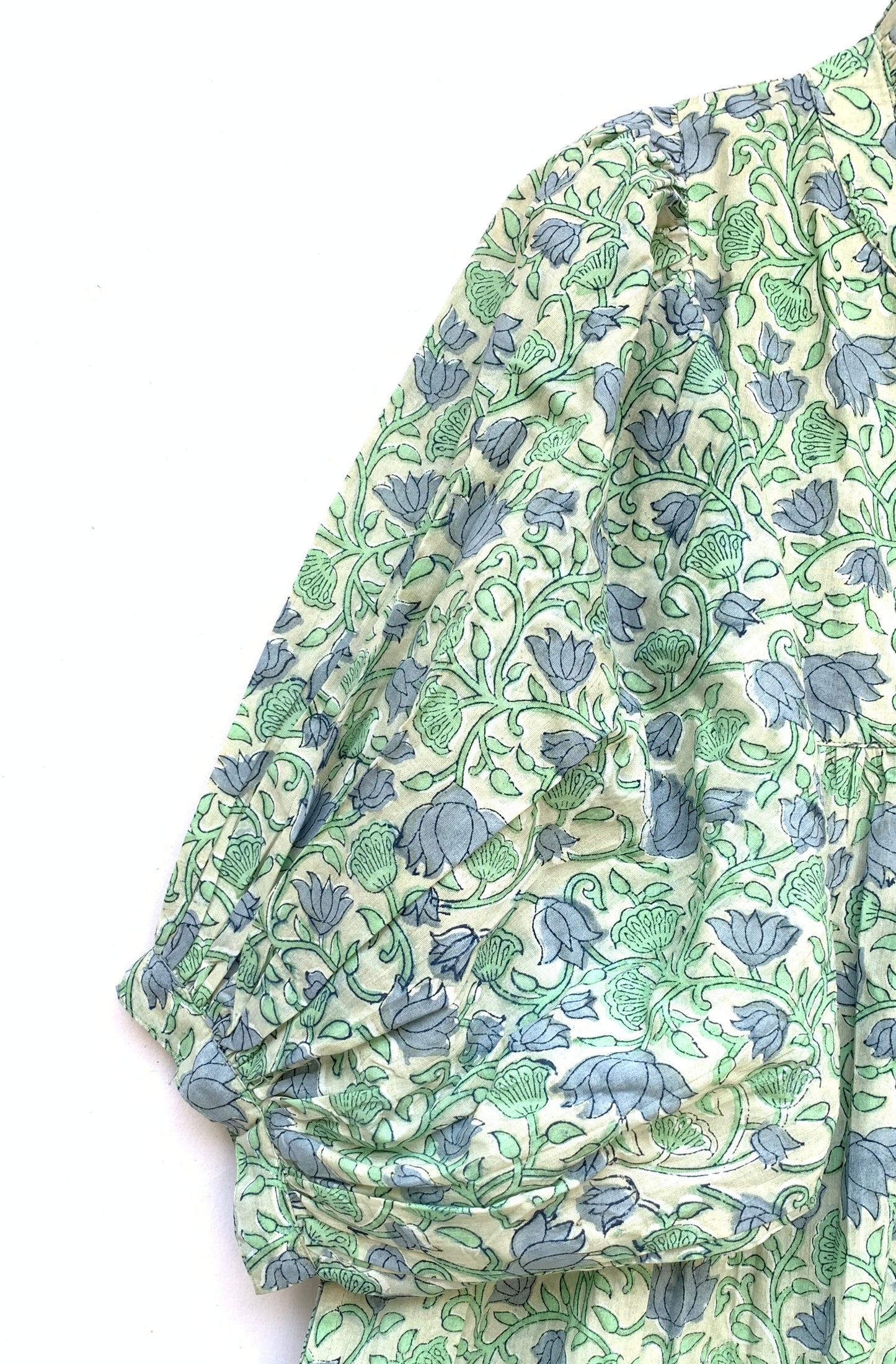 Sage Green Blue Floral Hand Block Printed Cotton Midi Dress – Puff Sleeve Boho Indian Dress