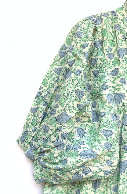 Sage Green Blue Floral Hand Block Printed Cotton Midi Dress – Puff Sleeve Boho Indian Dress
