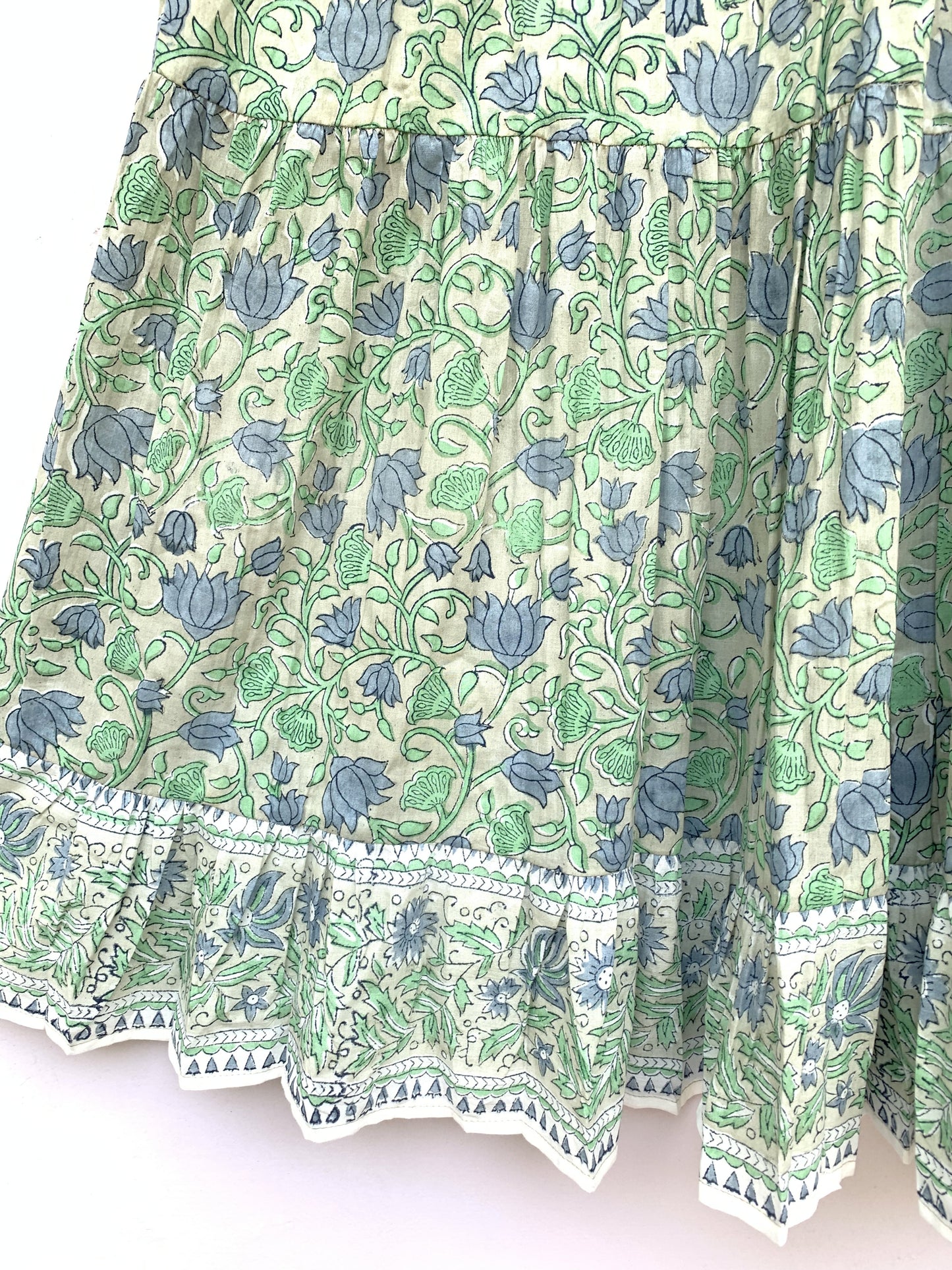 Sage Green Blue Floral Hand Block Printed Cotton Midi Dress – Puff Sleeve Boho Indian Dress
