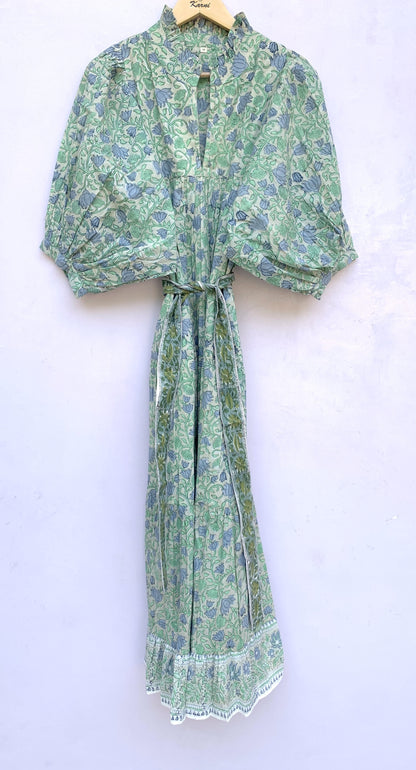 Sage Green Blue Floral Hand Block Printed Cotton Midi Dress – Puff Sleeve Boho Indian Dress