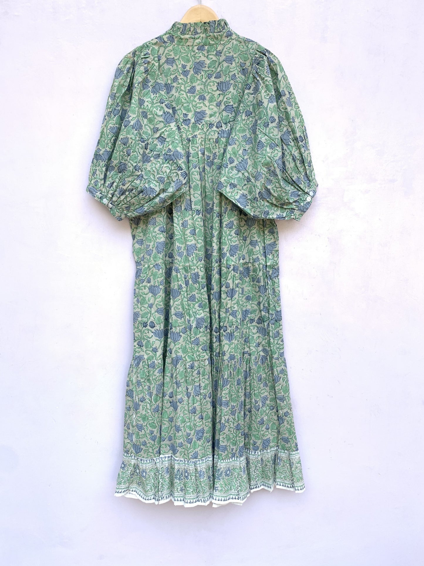 Sage Green Blue Floral Hand Block Printed Cotton Midi Dress – Puff Sleeve Boho Indian Dress