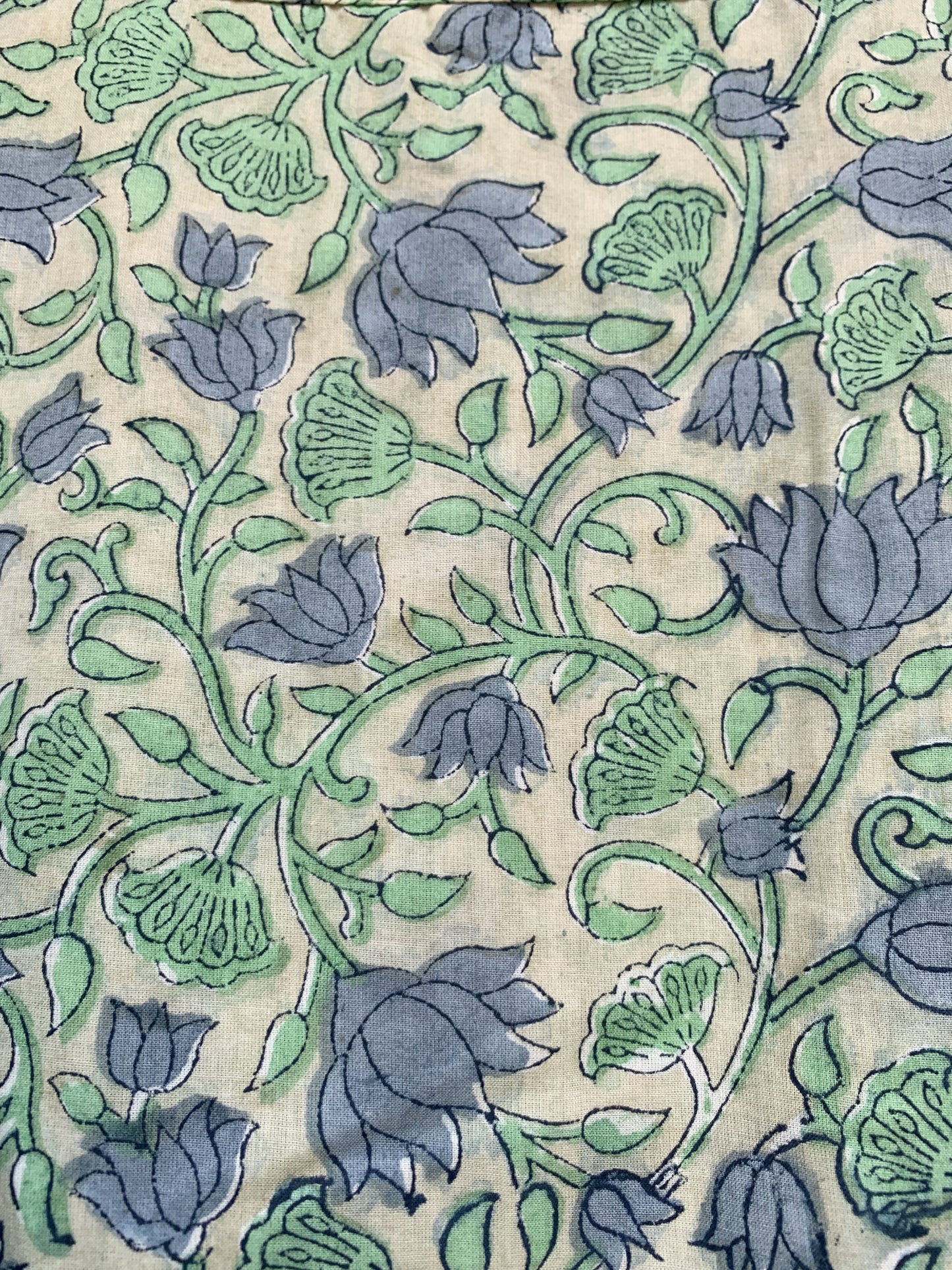 Sage Green Blue Floral Hand Block Printed Cotton Midi Dress – Puff Sleeve Boho Indian Dress