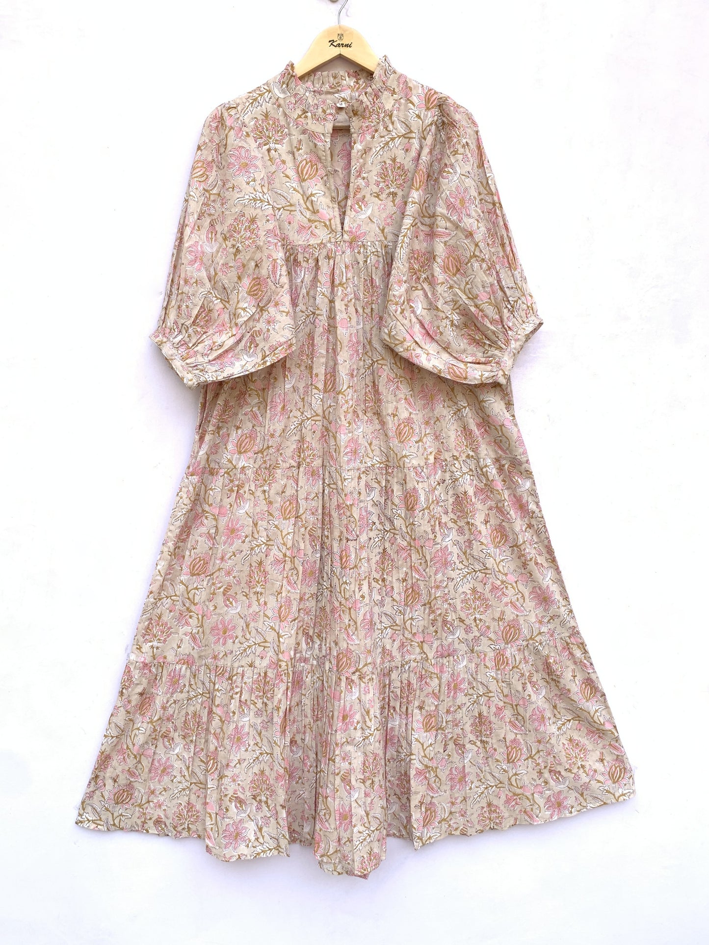 Soft Beige Pink Floral Hand Block Print Cotton Tiered Midi Dress – Bohemian Indian Dress