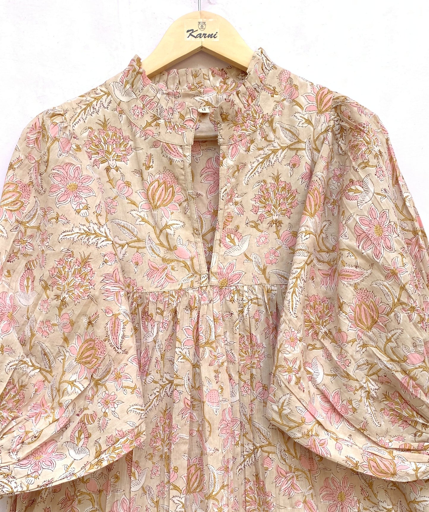 Soft Beige Pink Floral Hand Block Print Cotton Tiered Midi Dress – Bohemian Indian Dress