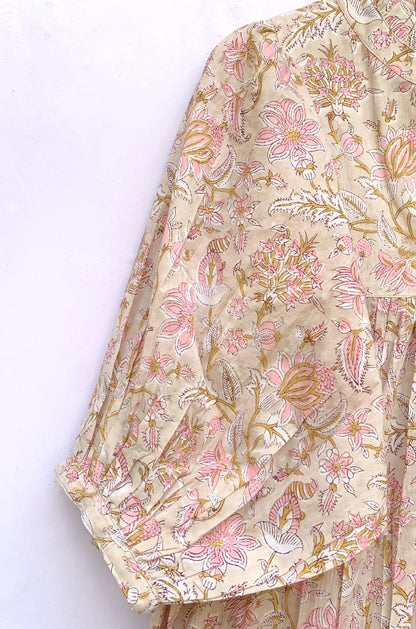 Soft Beige Pink Floral Hand Block Print Cotton Tiered Midi Dress – Bohemian Indian Dress
