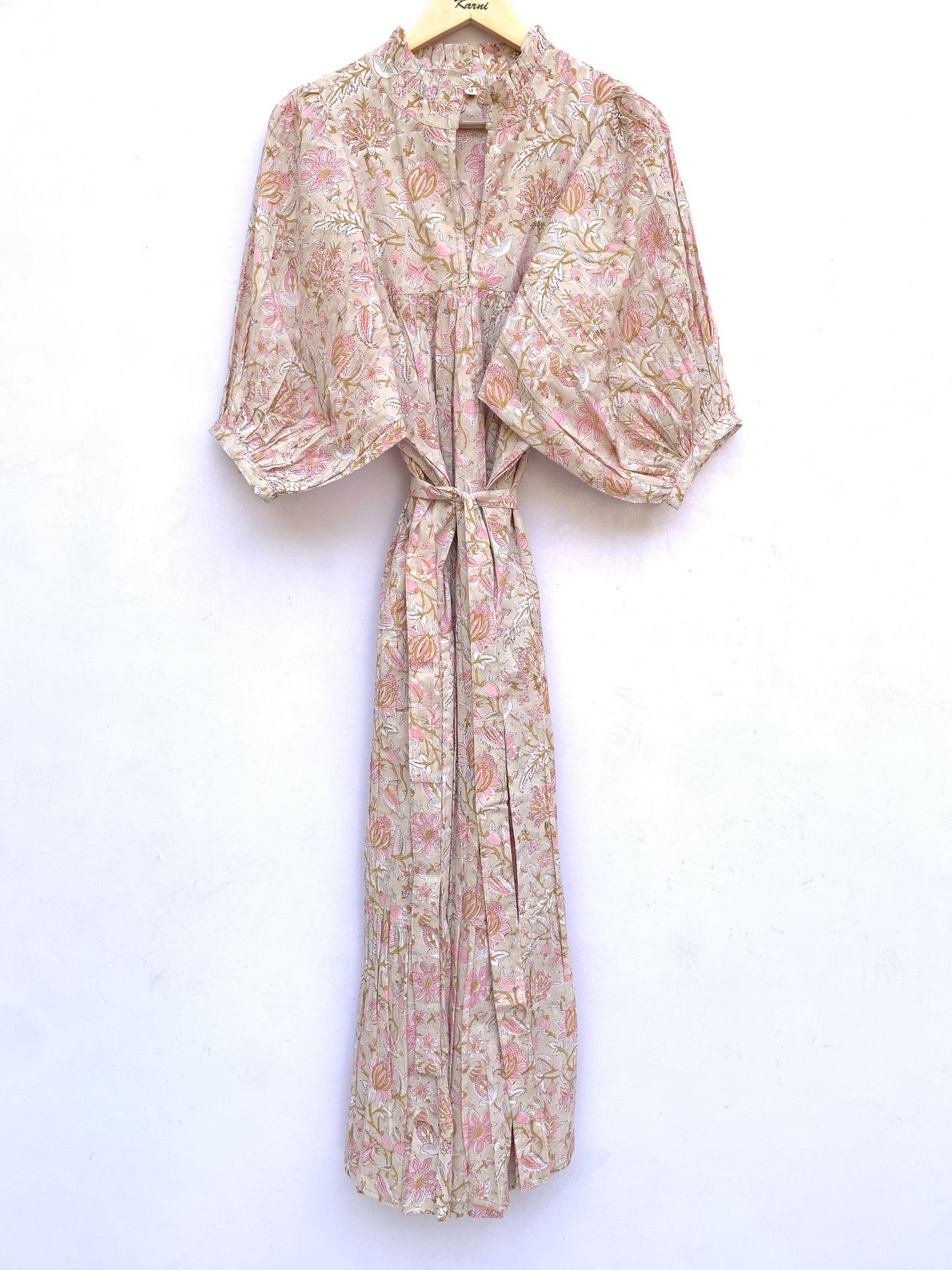 Soft Beige Pink Floral Hand Block Print Cotton Tiered Midi Dress – Bohemian Indian Dress